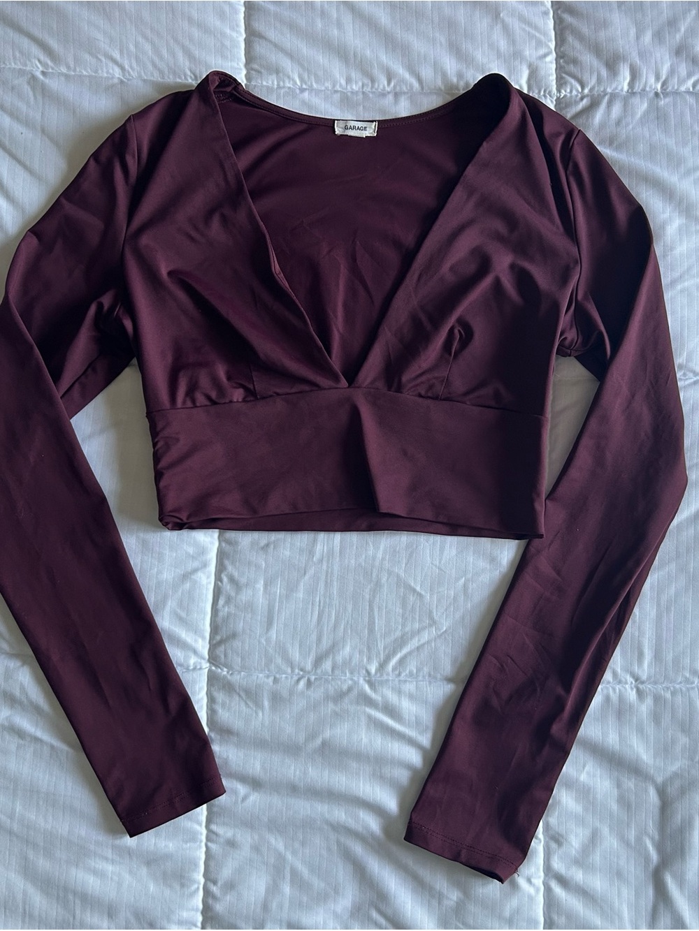 Garage Long Sleeve Deep V Crop Top - Maroon